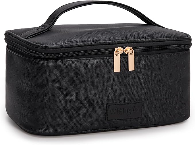 Montana West X Wrangler Travel Makeup Bag 2pcs Set Large Cosmetic Bag with Makeup Brush Holder Portable Make Up Organizer Cute Toiletry Bag with Divider and Handle for Women Black