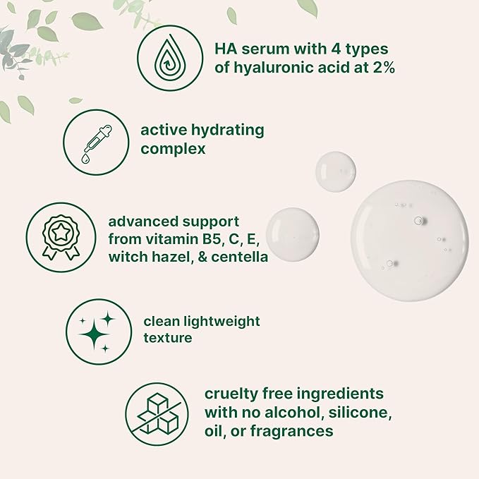 Hyaluronic Acid Serum with Vitamin B5, C, E, Witch Hazel, & Centella – 4 FL OZ | Active Hydrating Serum | 4 Types of HA at 2% | Skin + Face Hydration & Moisture Support* | Oil Free, Fragrance Free