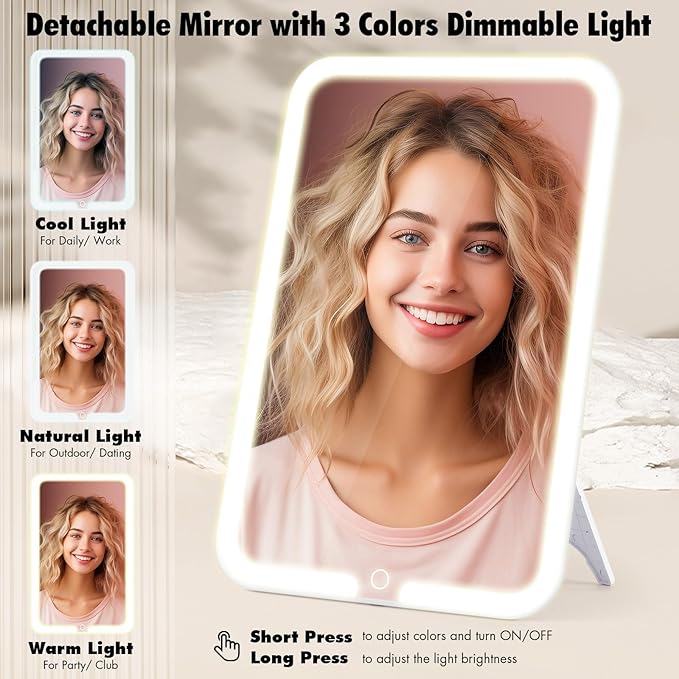 15''X11'' Makeup Bag with Removeable Lighted Mirror, Travel Makeup Case with 3 Color Lights Dimmable Brightness, Large Capacity Cosmetic Organizer Case with Detachable Dividers & Shoulder Strap