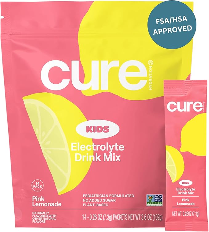 Cure Hydration - Kids Electrolyte Drink Mix | Plant-Based Pediatrician Formulated Rehydration | No Added Sugar, FSA-HSA, Non-GMO, Gluten-Free, No Artificial Flavors | 14 Packets - Pink Lemonade