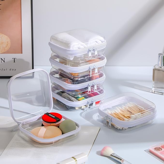 Sanwuta 6 Pcs Clear Hard Zipper Case Hard Plastic Zipper Pouches Makeup Bag Pencil Pouches Transparent Cases for Snacks Plastic Storage Organizer Box for Travel(White,5 x 5 x 2 Inch)