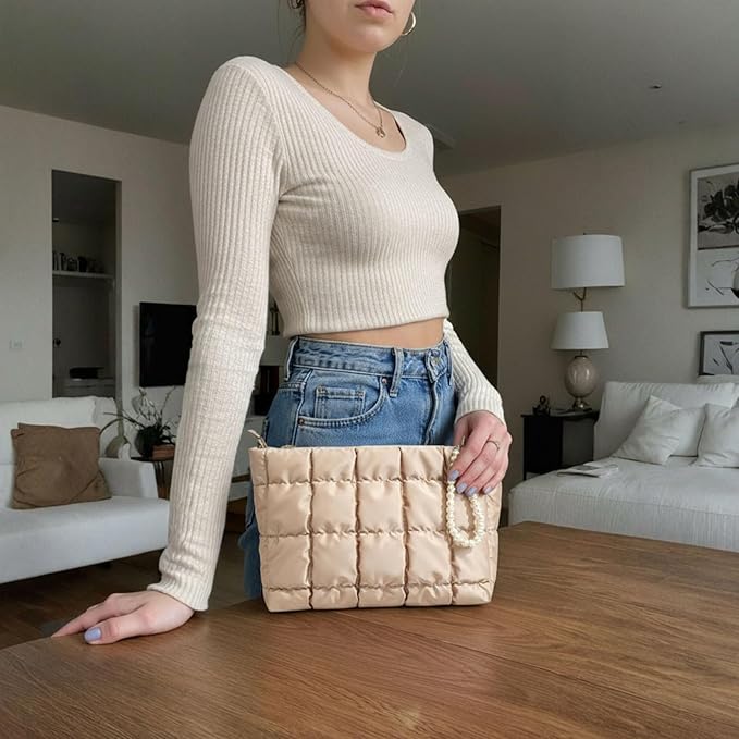 Puffer Quilted Makeup Bag Travel Cosmetic Bag Portable Puffy Checkered Toiletry Pouch Skincare Organizer Purse Pencil Case (Champagne Gold)