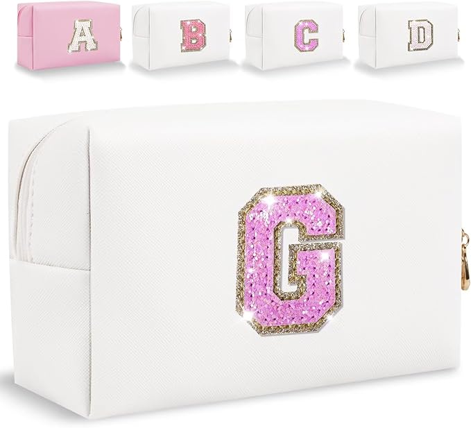 Glitter Initial Letter Makeup Bag, Small Personalized Sequins Letters PU Leather Cosmetic Bag Portable Waterproof Makeup Zipper Pouch, Shine Handbag Organizer Travel Bag Gifts for Women&Girls(White-G)