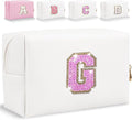 Glitter Initial Letter Makeup Bag, Small Personalized Sequins Letters PU Leather Cosmetic Bag Portable Waterproof Makeup Zipper Pouch, Shine Handbag Organizer Travel Bag Gifts for Women&Girls(White-G)