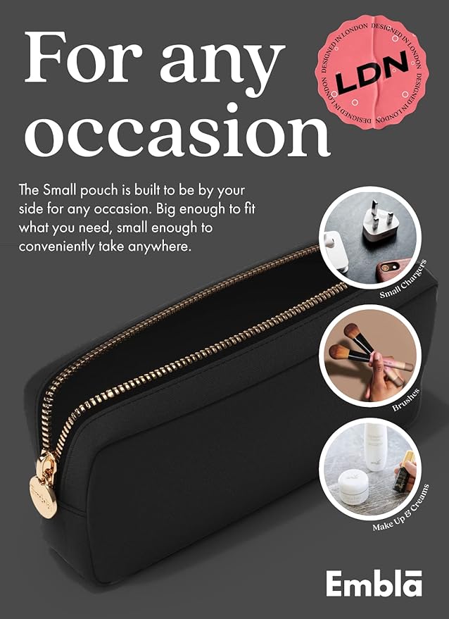 Embla Makeup Bag Travel Cosmetics Pouch and Toiletry Bag, Nylon Zipper Pouch Purse, Cute Make Up Organizer Storage Tote for Women Girls, Waterproof Travel Skincare Case, Small Makeup Bags, Black