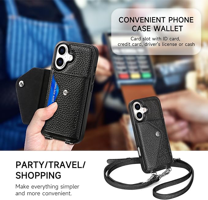 LUCKYCOIN Crossbody Wallet Phone Case for iPhone 17,100% Genuine Leather Wallet Phone Case with Expandable Flip Card Holder,Phone Purse for Women with Adjustable Removable Strap - Pebble Black