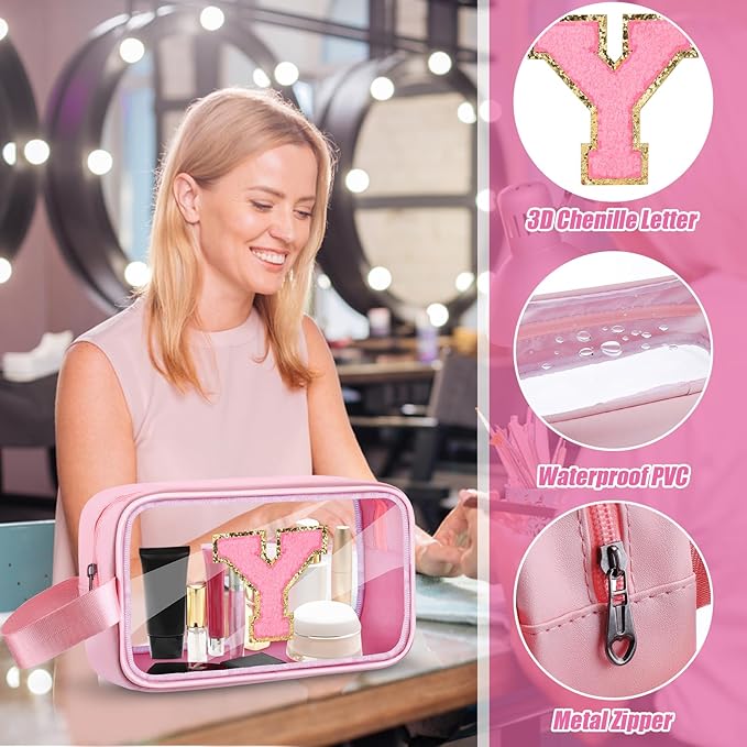 Initial Makeup Bag,Letter Y Cute Clear Monogrammed Cosmetic Travel Bag for Womens Girls,Personalized Pink Aesthetic Traveling Make Up Organizer Bag for Beach,Waterproof Toiletry Bag