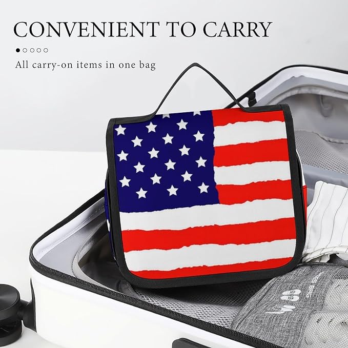 Travel Toiletry Bag, Portable Makeup Bag with Hanging Hook, Hanging Organizer for Women Men Shampoo, Conditioner, Brushes Set, Red Blue White American Flag