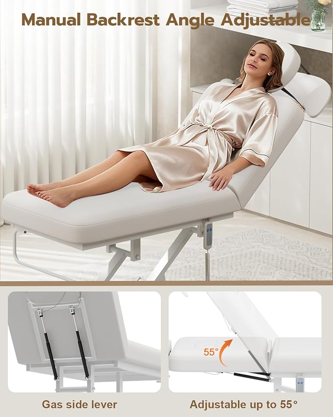 Paddie 550lbs Electric Lift Massage Table Professional for Treatment/Facial/Beauty/Spa/Physical Therapy, Adjustable Backrest/Face Cradle/Rolling Wheels, White