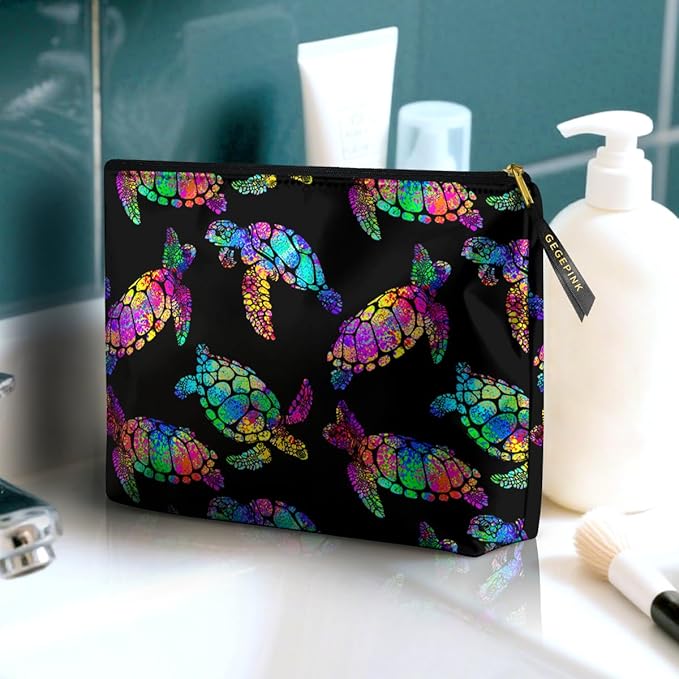 Cute Makeup Bag for Purse Waterproof Cosmetic Bags for Women Funny Smooth Zipper Travel Toiletry Pouch 10X8 Inches-Rainbow Turtle Makeup pouch