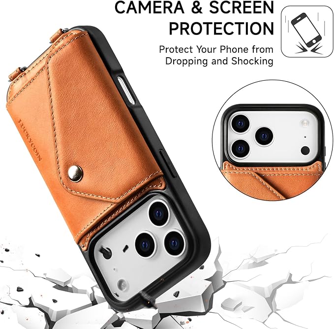 LUCKYCOIN Crossbody Wallet Phone Case for iPhone 17 Pro,100% Genuine Leather Wallet Phone Case with Expandable Flip Card Holder,Phone Purse for Women with Adjustable Removable Strap - Tan
