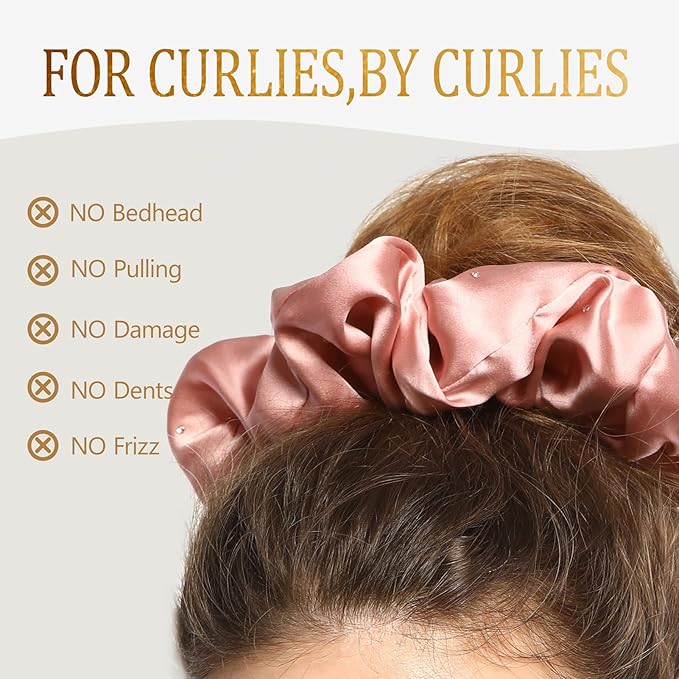 100% Mulberry Silk Scrunchies for Women Ponytail Holders – Plus Rhinestone-Embellished Design for Curly, No Damage Hair Ties for Curly, Thick, and Thin - Hair Accessories for Women(Champagne Pink)