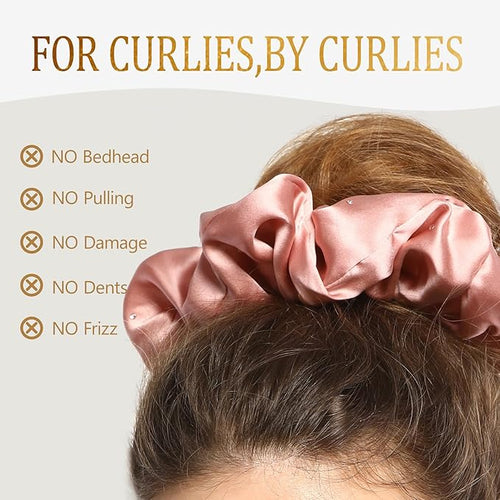 100% Mulberry Silk Scrunchies for Women Ponytail Holders – Plus Rhinestone-Embellished Design for Curly, No Damage Hair Ties for Curly, Thick, and Thin - Hair Accessories for Women(Champagne Pink)