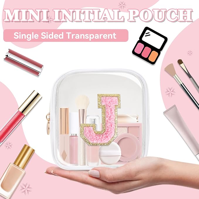 Mini Clear Personalized Initial Makeup Bag,Nylon Preppy A-Z Chenille Letter Patch Zipper Cosmetic Bag, Small Cute Beach Pouch Travel Purse Sanitary Napkin Storage Bag for Women Girls(White-Pink J)