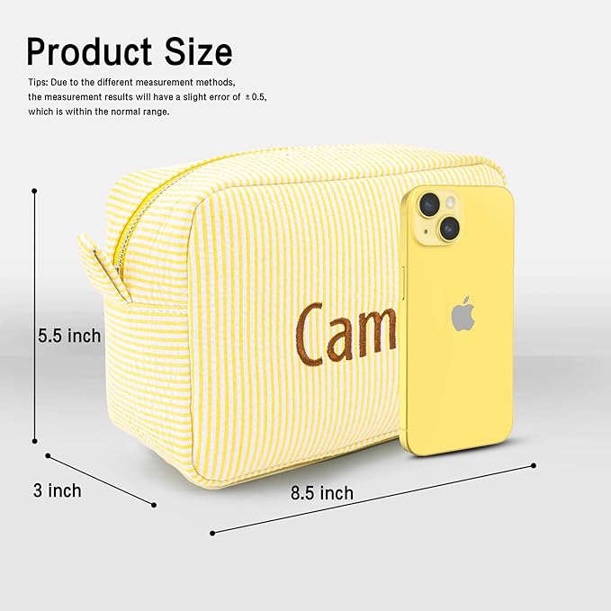 MT WORLD Cosmetic Bag Personalized Makeup Bag for Women Girls Seersucker Preppy Bridesmaid Makeup Bag Cute Aesthetic Toiletry Bag Girls Handbags Purses (Yellow)