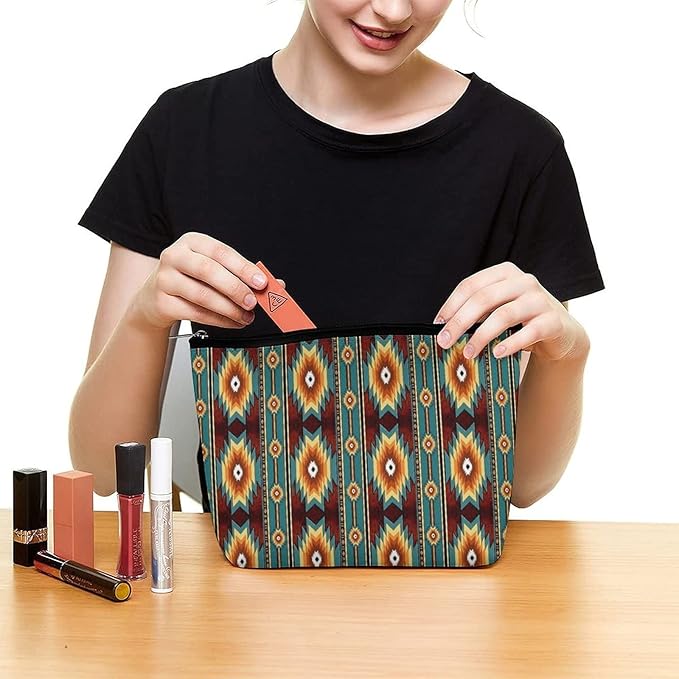 Women Ethnic Navajo Native American Southwestern Art Make Up Bag Holder Multifunction Cosmetic Train Case Casual Zipper Tote Bag Large Capacity for Cosmetics Digital Accessories Travel