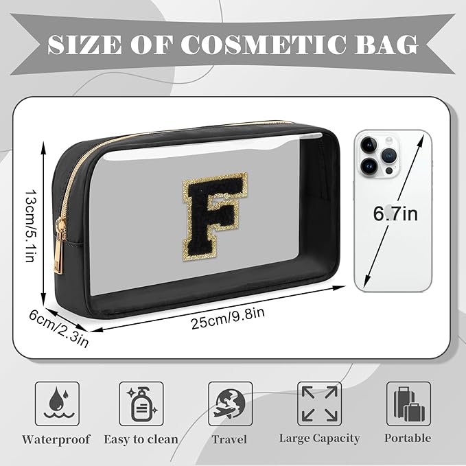 Personalized Initial Letter Clear Makeup Bag,Preppy Small Nylon&PVC Cosmetic Zipper Bag with Chenille Letter,Travel Skincare Toiletry Bag,Monogram Christmas Gift for Teen Girls Women,F
