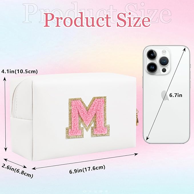 Small Personalized Letter Makeup Bag, Cute PU Leather Chenille Letters Cosmetic Bag Travel Makeup Pouch, Preppy Travel Organizer Zipper Pouch for Women&Girls（WhitePink-M）