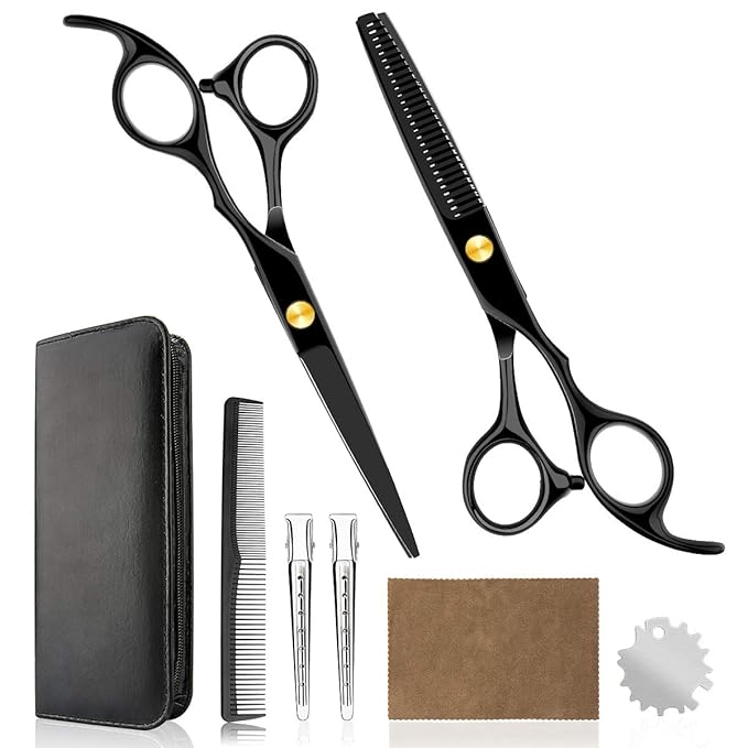 Professional Home Hair Cutting Kit Home Haircutting Scissors Barber Salon Home Thinning Shears Kit with Comb Case for Men Women Black