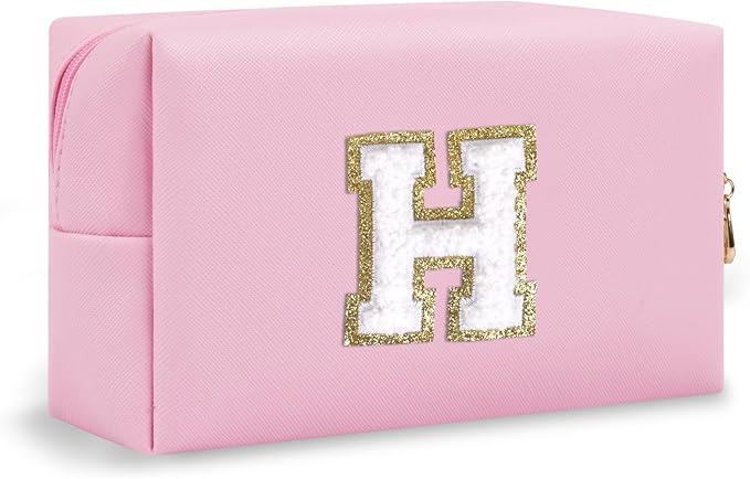 Personalized Chenille Letter Preppy Makeup Bag, Small Pink Travel Cosmetic Bag Initial Toiletry Zipper Pouch Monogram Makeup Storage, Waterproof PU Make Up Case Travel Essentials for Women(Letter H)