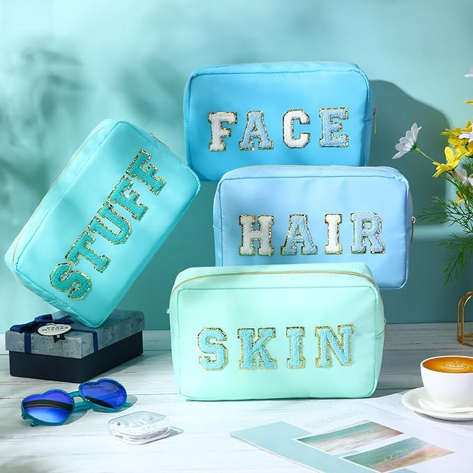 Remerry 4 PCS Nylon Cosmetic Bags Waterproof Spacious Travel Makeup Organizer for Women Chenille Letter Preppy Zipper Pouch Face Stuff Skin Hair Organizer Gift(Blue Green Colors)