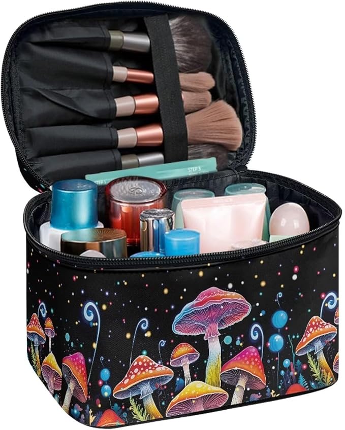 Colorful Mushrooms Pattern Makeup Bag Travel Cosmetic Bag with Zipper and Handle Portable Large Capacity Toiletry Case for Women Ladies Travel Accessories