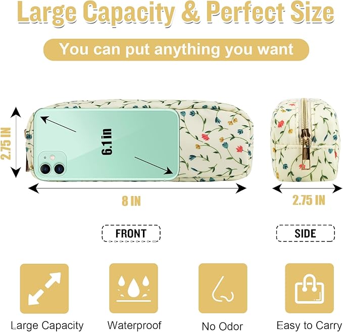 Nylon Small Floral Makeup Bag Slim Pouch, Preppy Cute Makeup Brush Case Bag Flower Cosmetic Zipper Pouch for Purse, Waterproof Travel Toiletry Bag Make Up Organizer for Women Girl(Light Yellow-Flower)