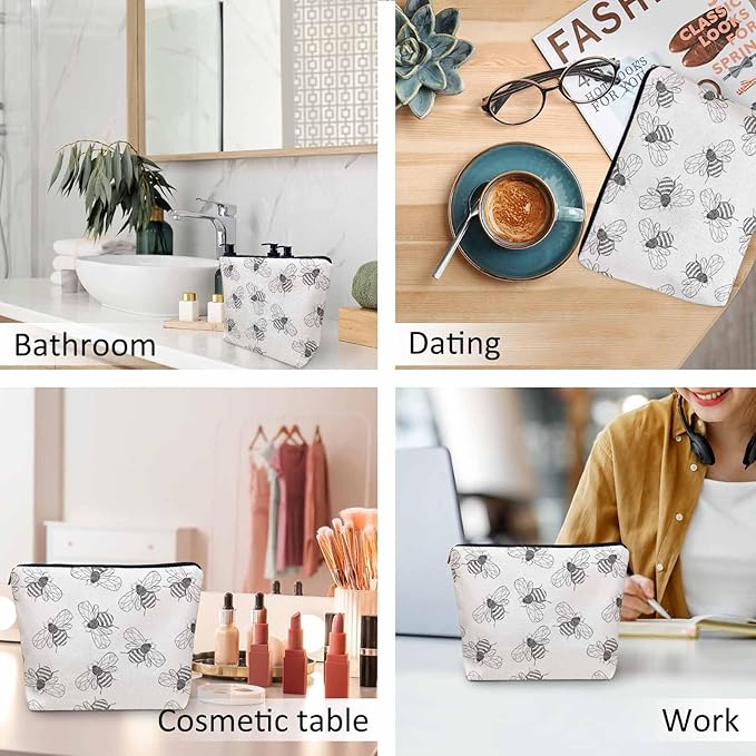 Bumblebee Makeup Bag For Women, Adorable Cosmetic Bag Makeup Bags, Gray Animal Bee Bumblebees Zipper Bag Travel Bags Toiletry Organizers Pouch Bags Washing Bags For Gym Bathroom