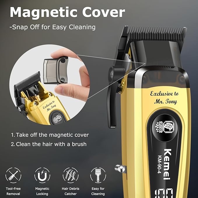 KEMEI 90-4 Professional Hair Clippers for Men, 11500 RPM Barber Clippers with LED Display, Cordless Hair Trimmer with DLC Blade & Charging Base, 2000 mAh Hair Clipper for Barbers Haircut Kit