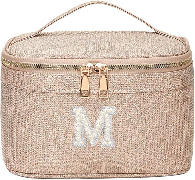 EURYNOME Makeup Bag with Custom Letter M, Water-Resistant Travel Organizer Pouch, (8.3x5.1x5.1 Inch) Cosmetic Case for Women