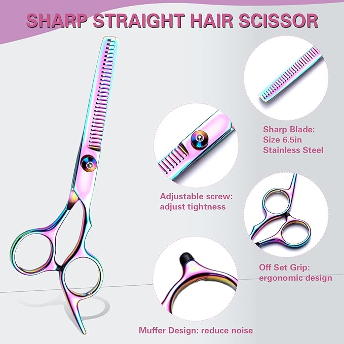 Hair Cutting Scissors Kit 11PCS, Professional Haircut Scissors with Japanese Stainless Steel Shears, Thinning Shears, Haircut Accessories in Leather Case for Salon/Home (Rainbow)