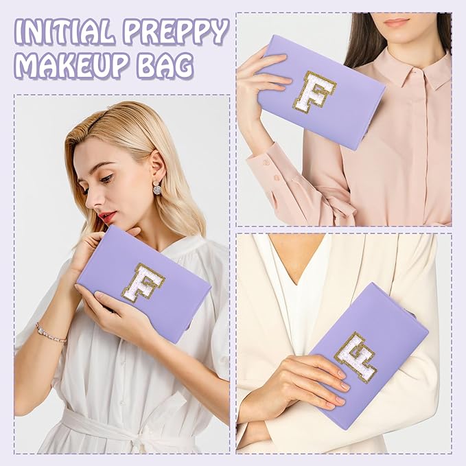 Personalized Small Initial Preppy Makeup Bag, Purple Cute Cosmetic Organizer Chenille Letter Travel Toiletry Zipper Pouch,Portable Waterproof Makeup Case Friendship Gift for Families Friends(Letter F)