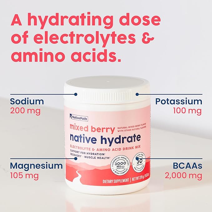 NativePath Native Hydrate, Zero Sugar, Electrolytes Powder with BCAAs, Mixed Berry Hydration, Keto & Paleo Friendly, 30 Servings