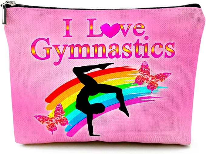 Cute Makeup Bag for Purse Canvas Waterproof Funny Cosmetic Bags for Women Zipper Travel Toiletry Pouch-I Love Gymnastics Makeup Bags-Pink