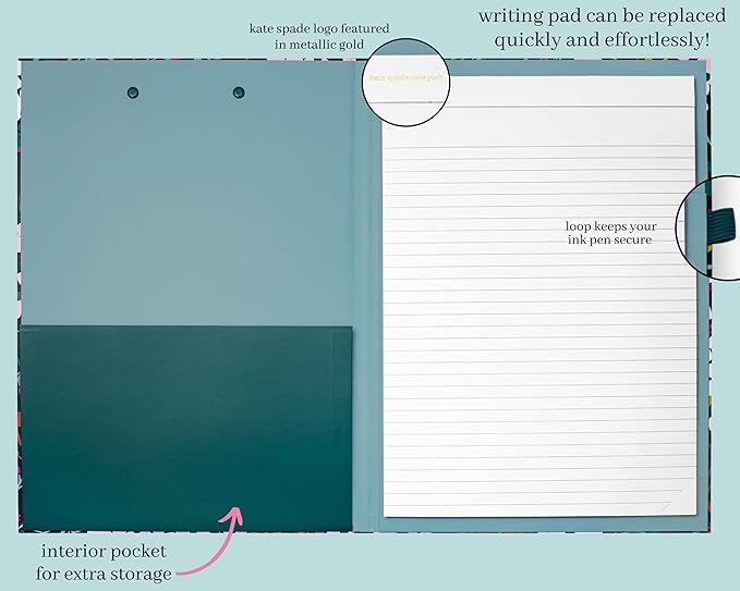 Kate Spade New York Clipboard Folio with Low Profile Clip, Professional Padfolio Includes Lined Notepad, Pen Loop, and Pocket, Fall Floral