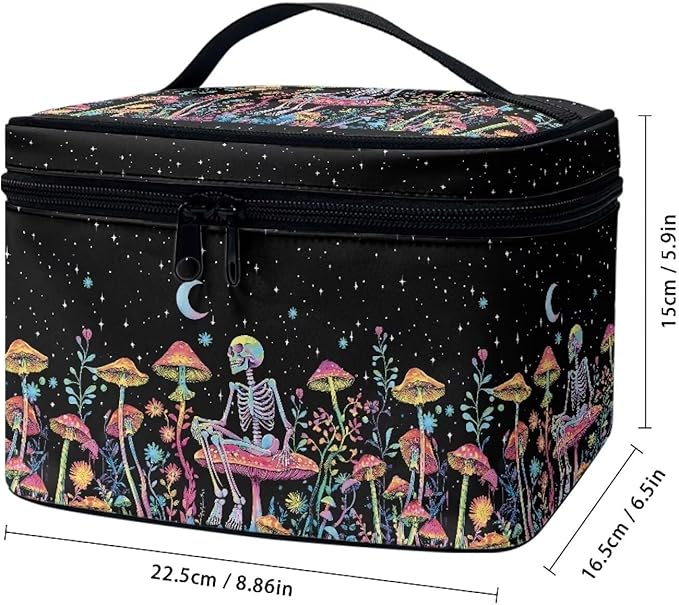 Colorful Mushroom Skull Floral Pattern Travel Makeup Bag for Women Large Capacity Cosmetic Bag with Zipper and Handle Portable Toiletry Bag Make Up Organizers