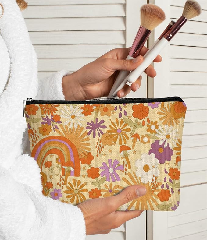 Makeup Bag for Women Gift,Retro 60s 70s Hippie Flowers Rainbow Makeup Bag,Vintage Floral Cosmetic Bag Best Gift Idea for Teen Girls Women,Birthday Christmas Gifts