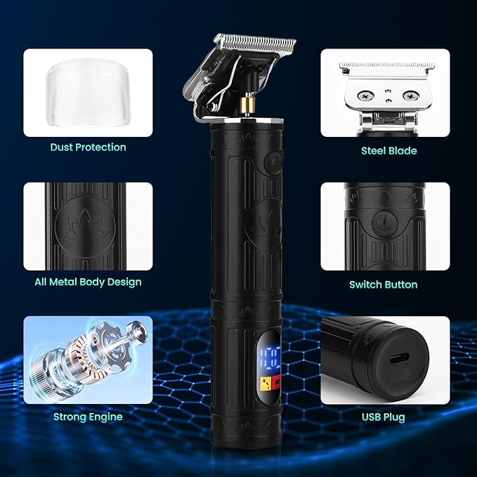 Soonsell Hair Clippers for Men T-Blade Trimmer Set,Man Professional Cordless Barber Clippers Set,Blade Close Cutting Beard Trimmer,LED Display（Black）