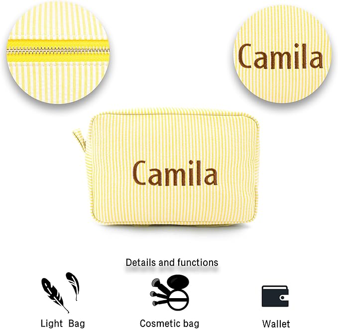 MT WORLD Cosmetic Bag Personalized Makeup Bag for Women Girls Seersucker Preppy Bridesmaid Makeup Bag Cute Aesthetic Toiletry Bag Girls Handbags Purses (Yellow)
