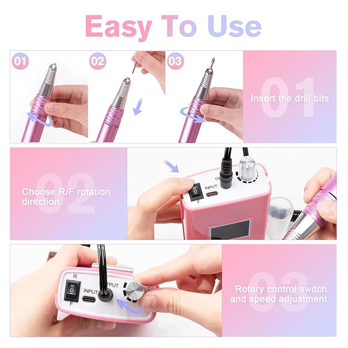 Beloving Portable Nail Drill Professional, 45000RPM Rechargeable Nail Drill Electric File Machine for Acrylic Gel Polish Remover, Cordless Nail Kit for Manicure Pedicure with 11 Bits for Salon Home