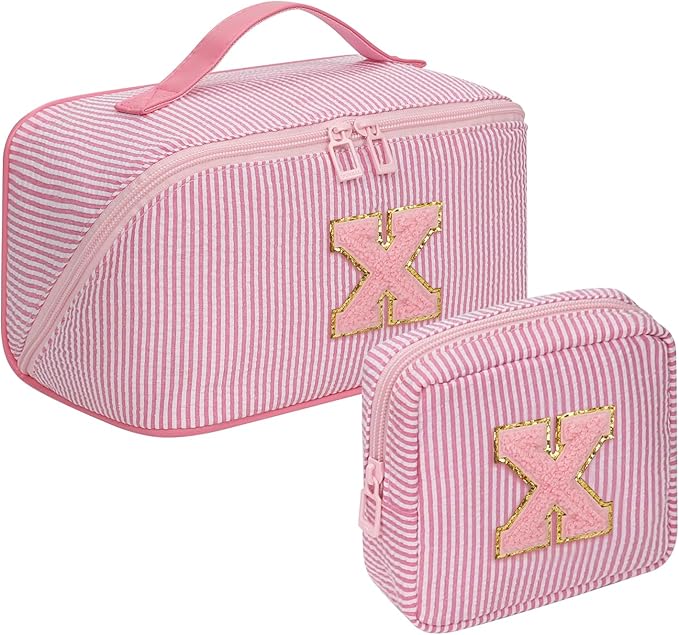 Travel Makeup Bag for Women, 2Pcs Portable Personalized Initial Makeup Organizer Bag, Open Flat Large Cosmetic Bag With Travel Essential Pouch (Pink Letter X)