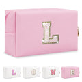 Small Personalized Initial A-Z Patch Makeup Bag,Pink Cute PU Leather Glitter Letter Cosmetic Bag for Teen Girls,Travel Toiletry Bag with Zipper,Preppy Monogrammed Birthday Gift for Daughter Niece L