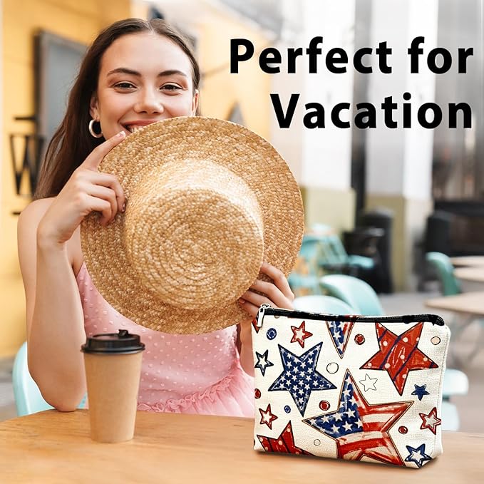 Retro American Flag Star 4th of July Makeup Bag, America Patriotic Cosmetic Bags for Women, Red White and American Flag Star Toiletry Bag for Women, cosmetic bag, makeup case