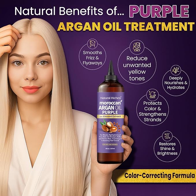 Natural Riches Moroccan Argan Oil Purple, Anti-Brass Hair Treatment with Linseed Extract for Silver Blonde Platinum Hair removes Yellow & Brass tones. Grey Highlighted Hair 8 fl oz