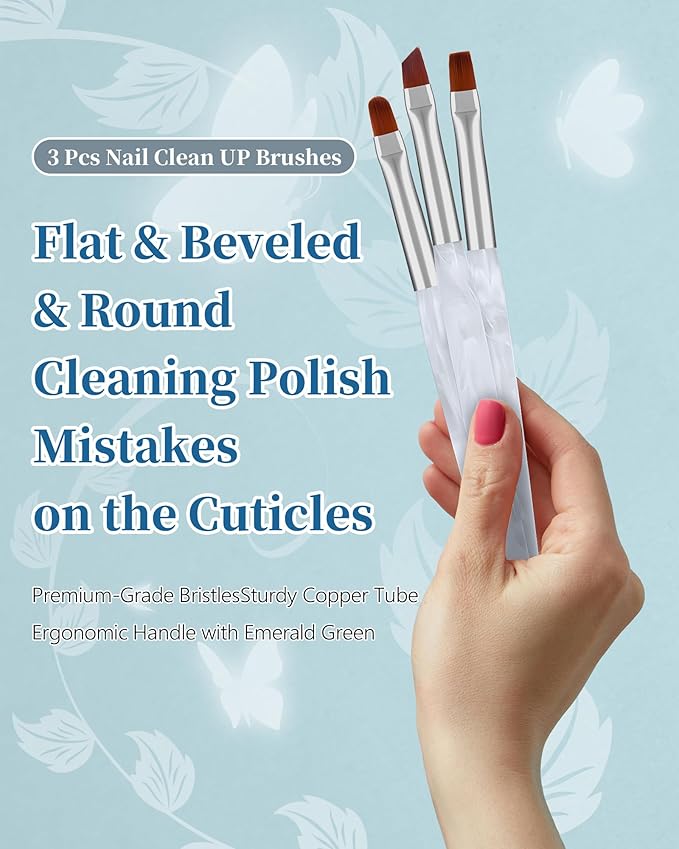 3PCS Nail Polish Clean Up Brush, Round&Falt&Angled Acetone Resistant Nail Brush for OPI Nail Polish Remover, Fingernail Cleaning Brushes at Home Nail Art and Designs(Calligraphy White)