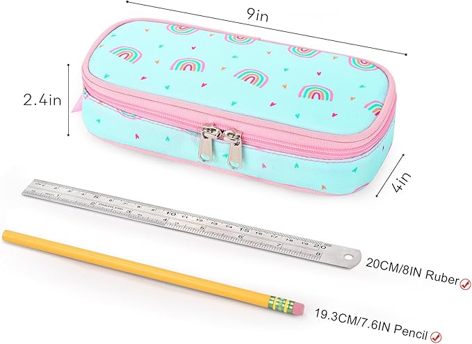 mibasies Girls Pencil Case for Kids, Multi-Slot Pencil Pouch, Rainbow Mint Green