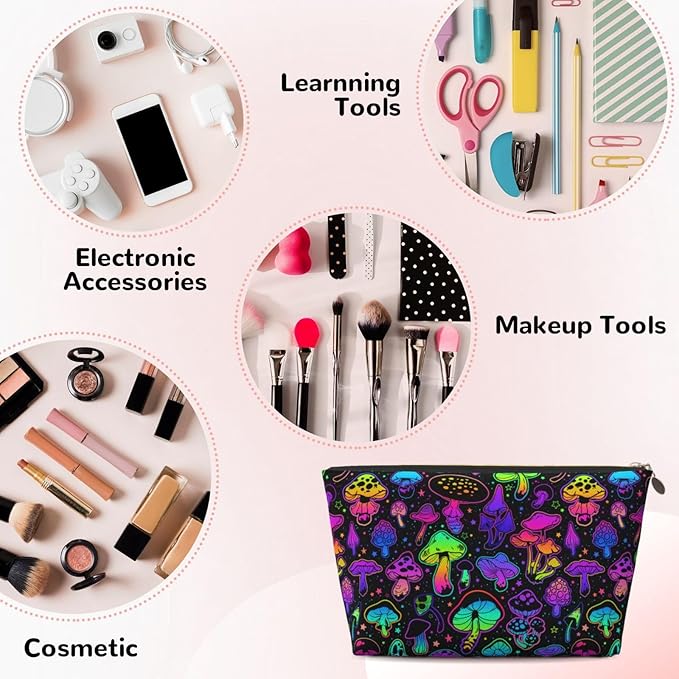 Mushrooms Small Makeup Bag for Women - Leather Travel Cosmetic Bag Make Up Pouch Mini Travel Zipper Pouch - Makeup Organizer Bag