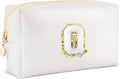 Gifts for Girls Initial Makeup Bag Personalized Cosmetic Bag with Zipper Cute Travel Toiletry Bags Waterproof PU Preppy Makeup Pouch Birthday Gift for Teen Girls Women(White Q)