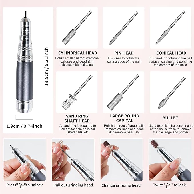 Professional Electric Nail Drill Kit Pink Portable Rechargeable Cordless Nail File Machine 35000 RPM with 7PCS Bits for Acrylic Gel Powder Nails Polish Pedicure Toenail Tool Salon Set
