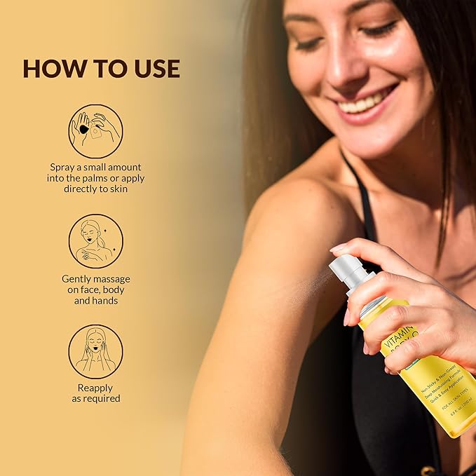 Majestic Pure Vitamin E Oil Body Mist- 100% Pure & Natural - After Shower Body Oils for Women and Men - Scented, Radiant, Skin Therapy Firming Massage Oil - 6.8 Fl Oz
